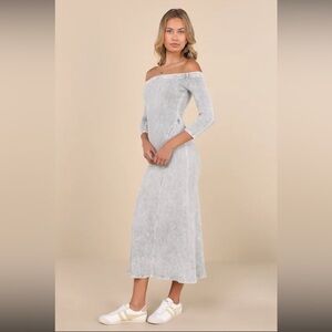 NWT Lulus Remarkably Cool Washed Grey Ribbed Off-the-shoulder Midi Dress Size M